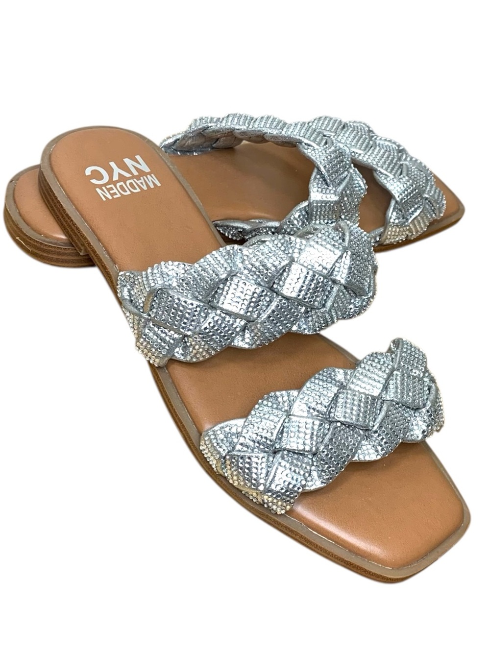 Madden Silver Braided Slide Sandals Sz 7 Comfort Feminine Shoes